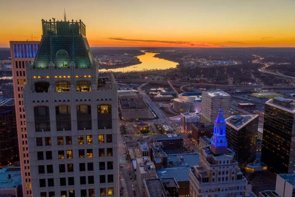 Tulsa, Oklahoma city skyline at sunset